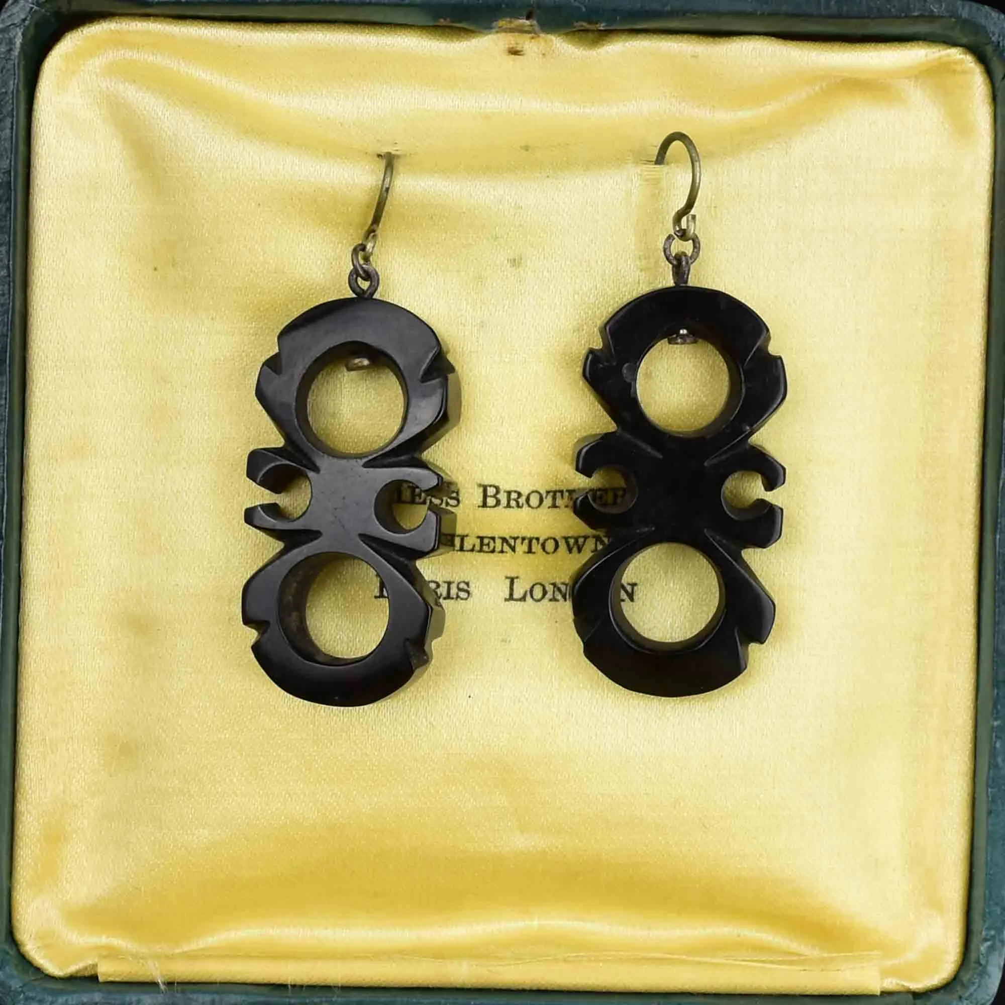 Antique Victorian Carved Whitby Jet Geometric Drop Earrings