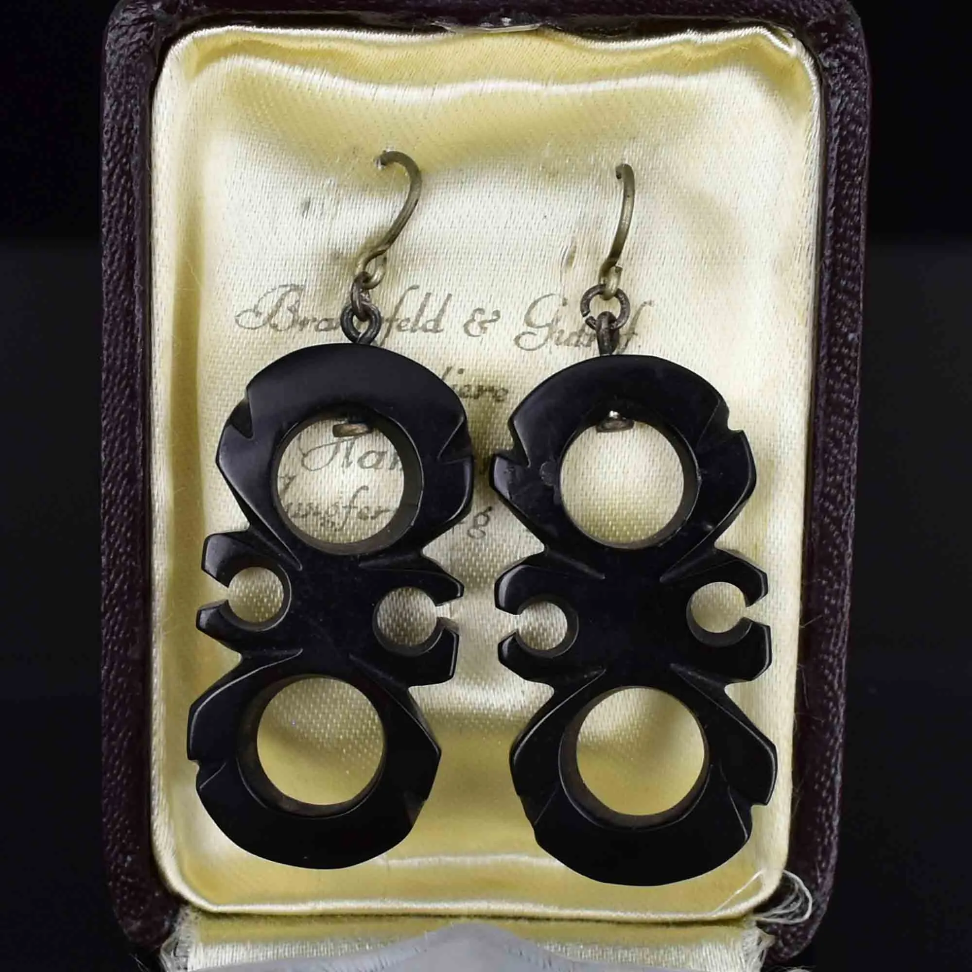 Antique Victorian Carved Whitby Jet Geometric Drop Earrings