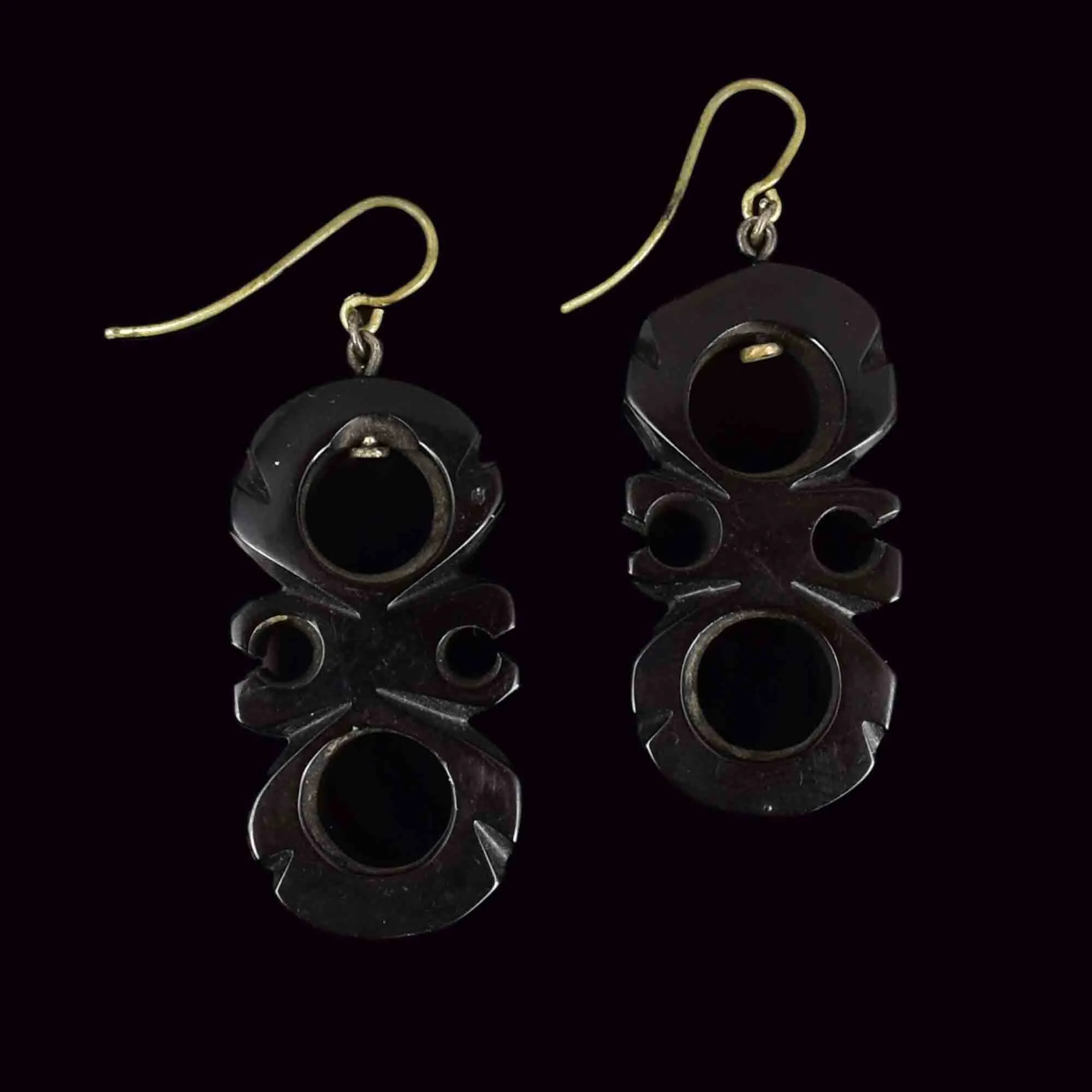 Antique Victorian Carved Whitby Jet Geometric Drop Earrings