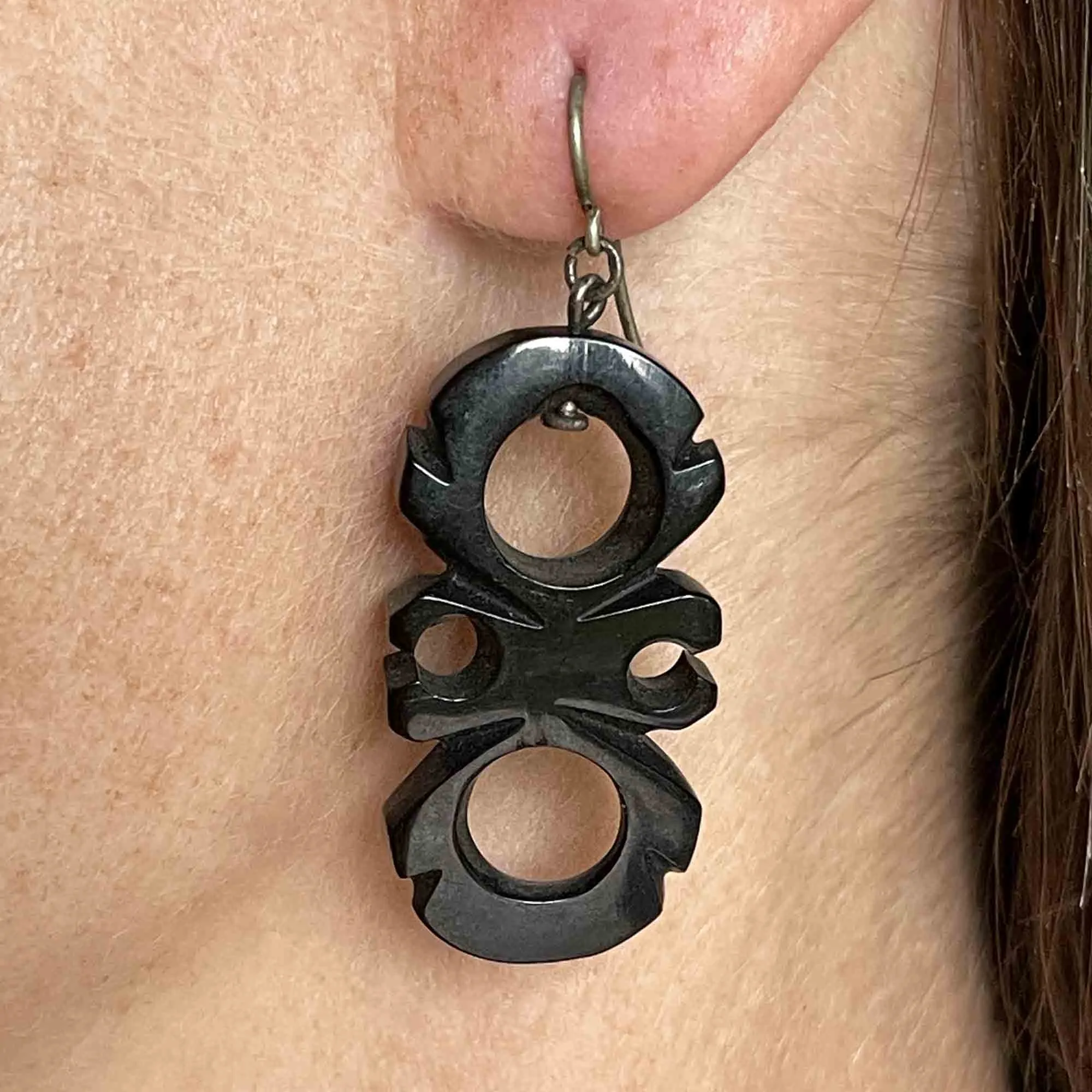 Antique Victorian Carved Whitby Jet Geometric Drop Earrings