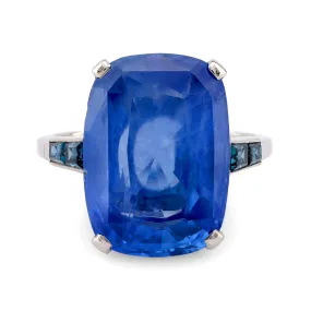 Art Deco GIA 12.9 Carat Cushion Cut No Heat Sapphire Platinum Ring