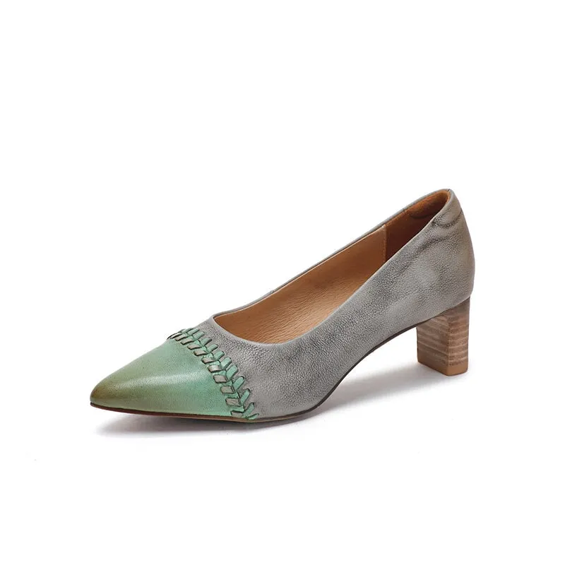 Block Heeled Slip-On Pumps Leather Point Toe Office Shoes Color Blocking in Gray/Blue