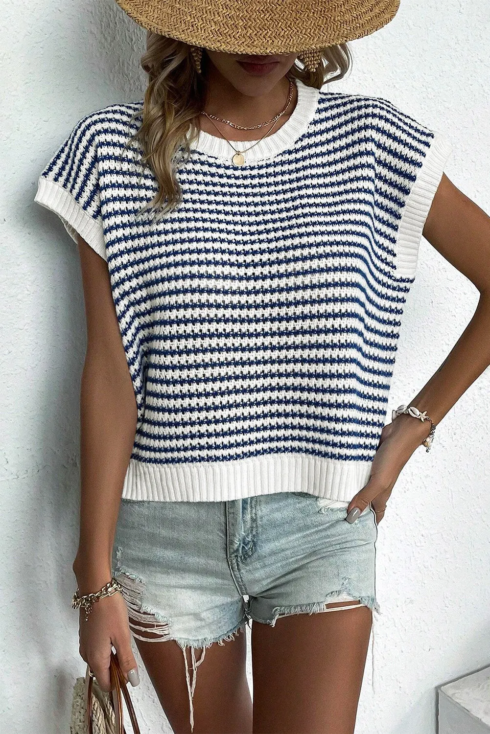 Blue Stripe Ribbed Trim Loose Fit Knitted Sweater Vest