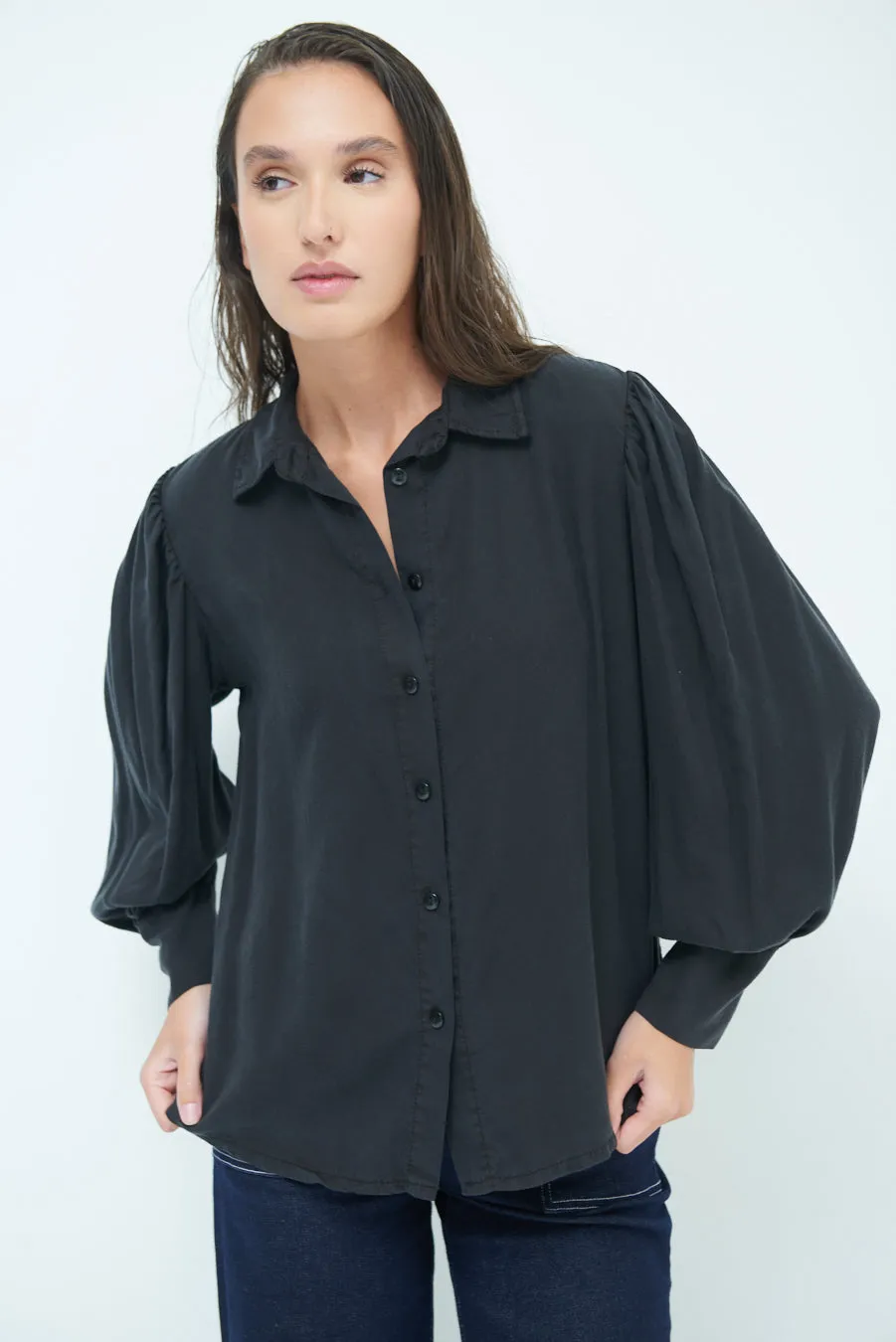 Classic button-up blouse with puff sleeves wholesale