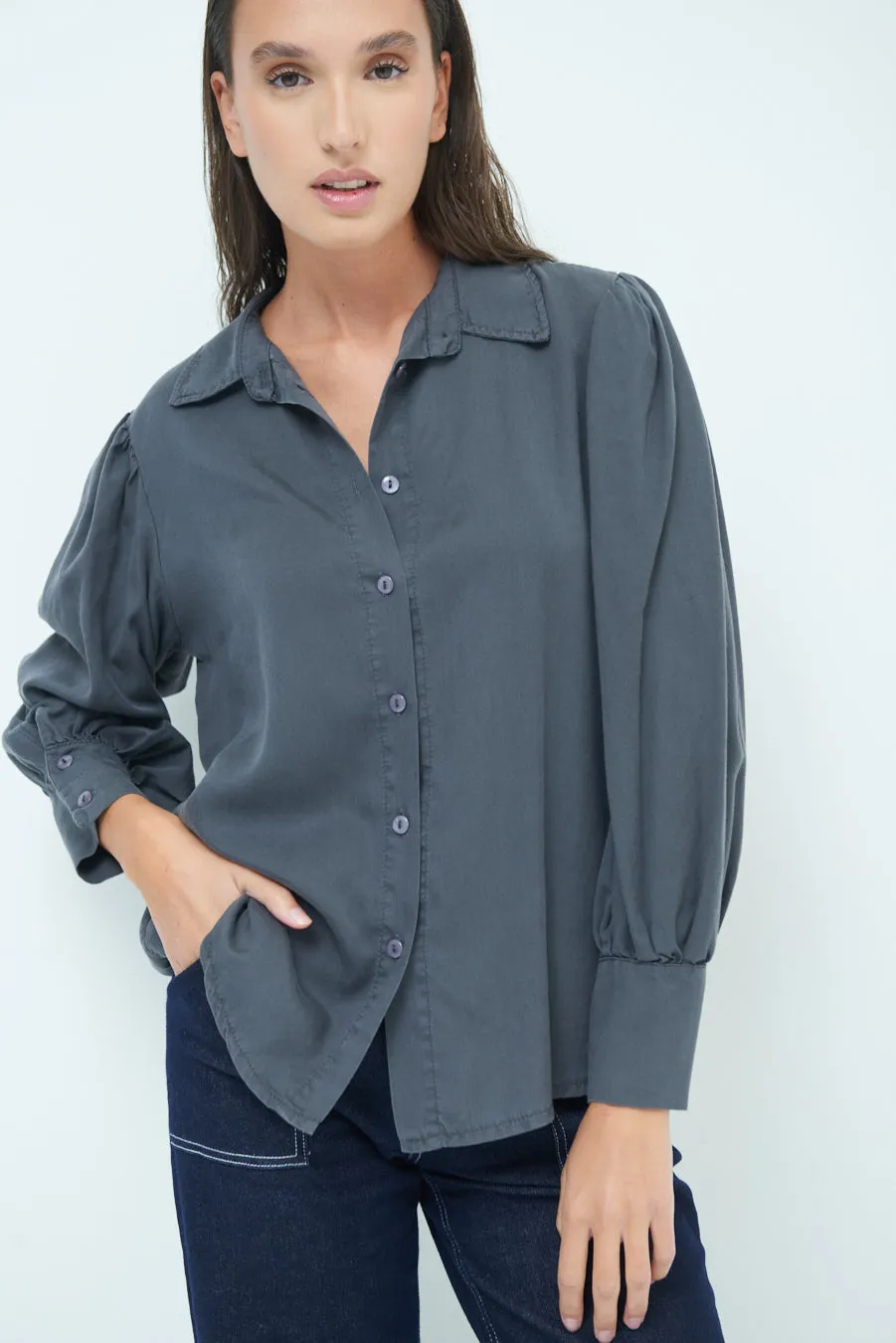 Classic button-up blouse with puff sleeves wholesale