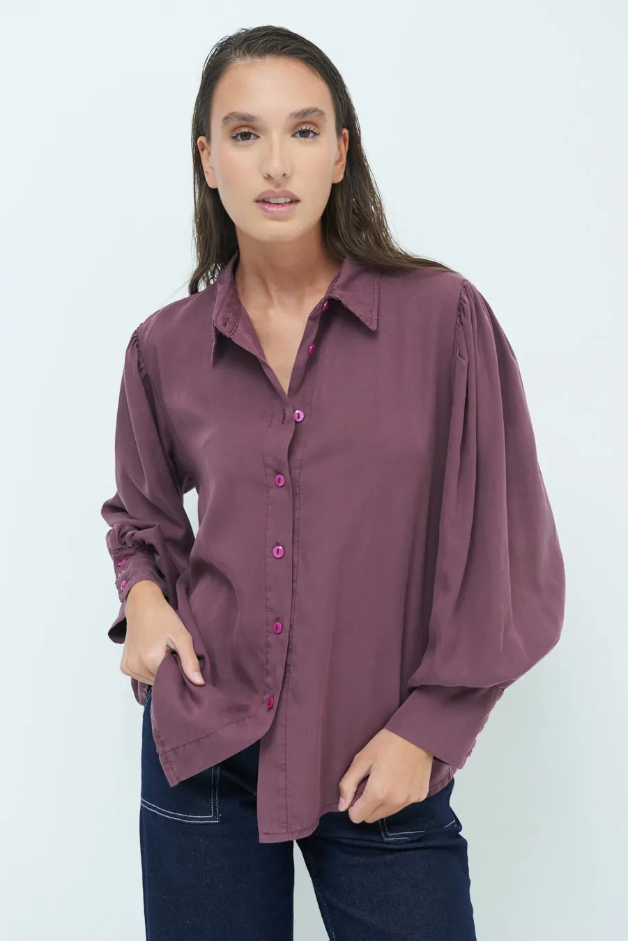 Classic button-up blouse with puff sleeves wholesale