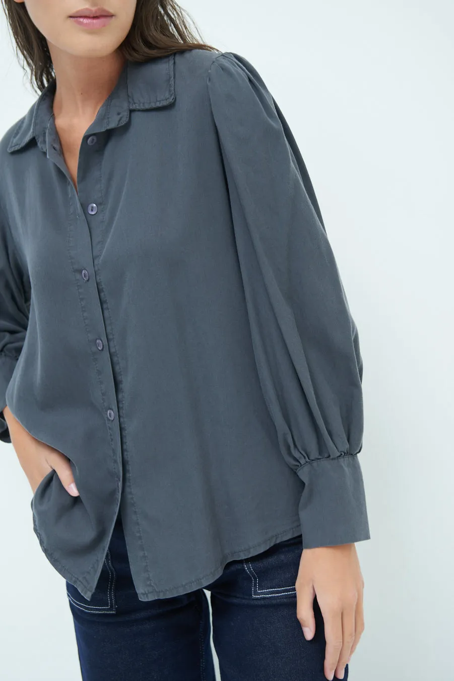 Classic button-up blouse with puff sleeves wholesale