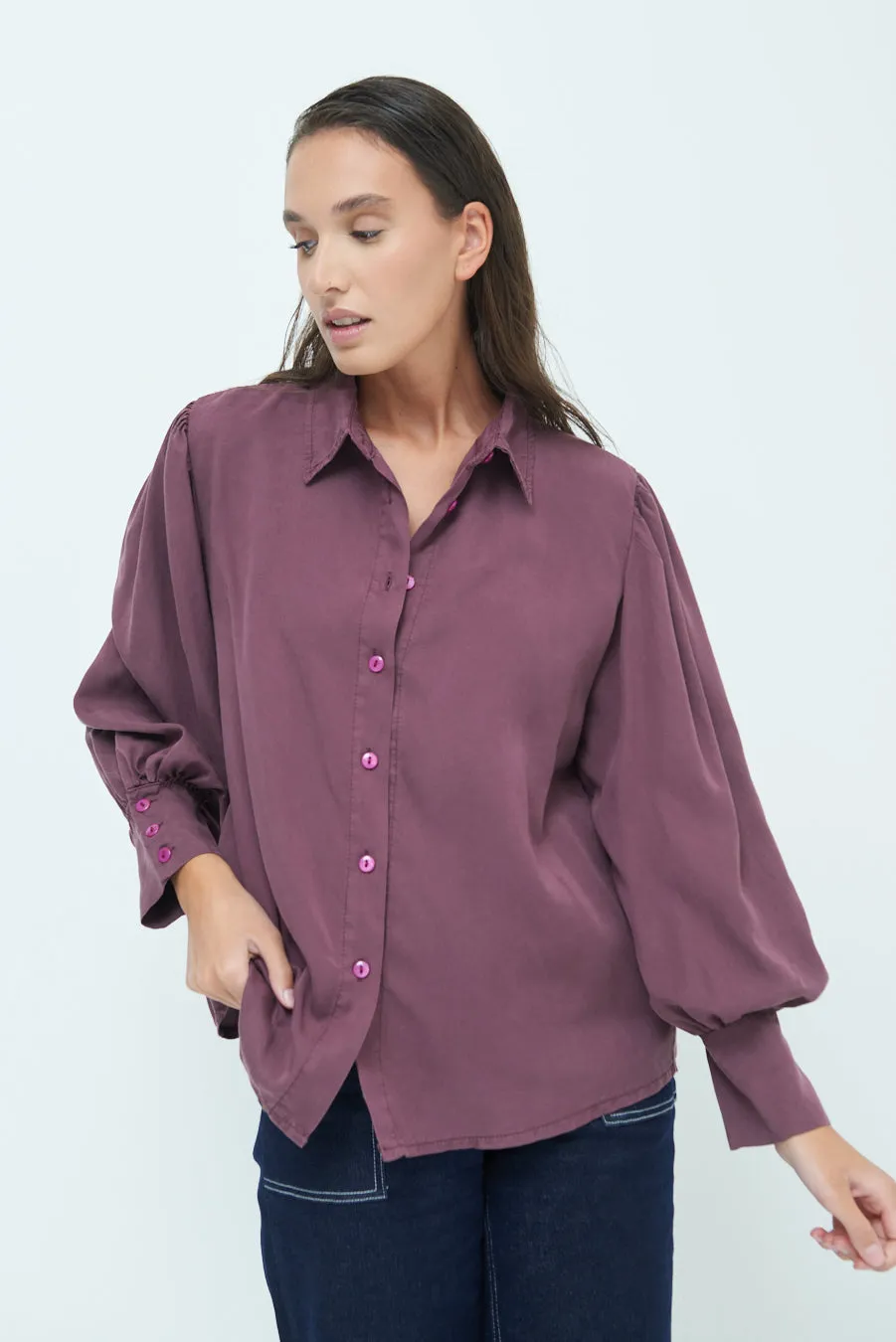 Classic button-up blouse with puff sleeves wholesale