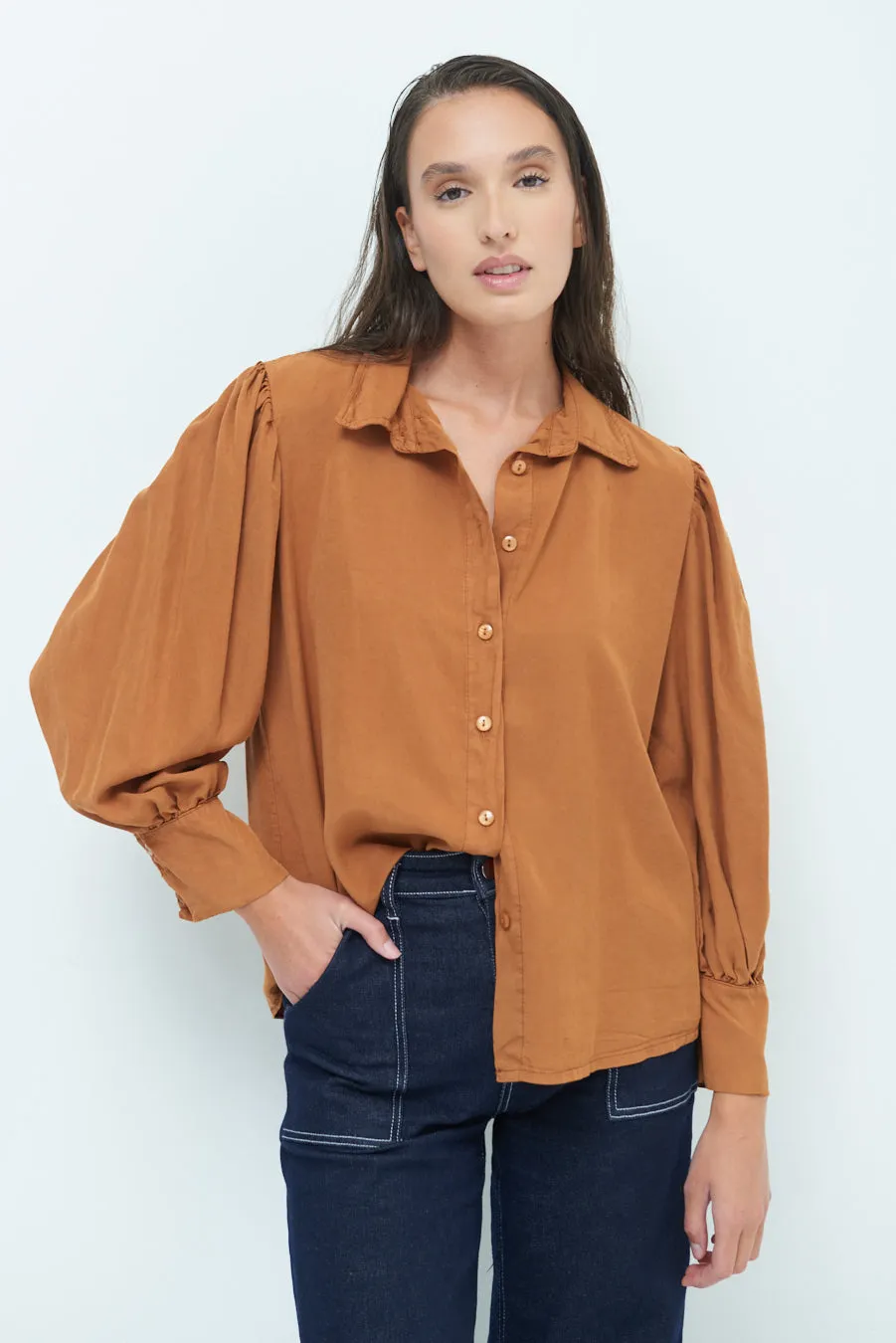 Classic button-up blouse with puff sleeves wholesale