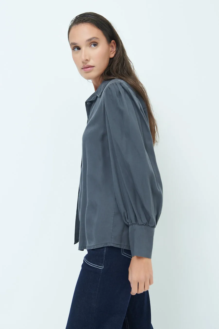 Classic button-up blouse with puff sleeves wholesale