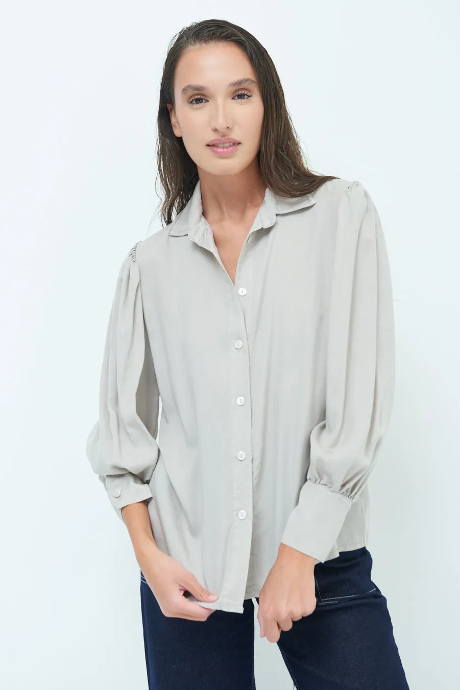 Classic button-up blouse with puff sleeves wholesale