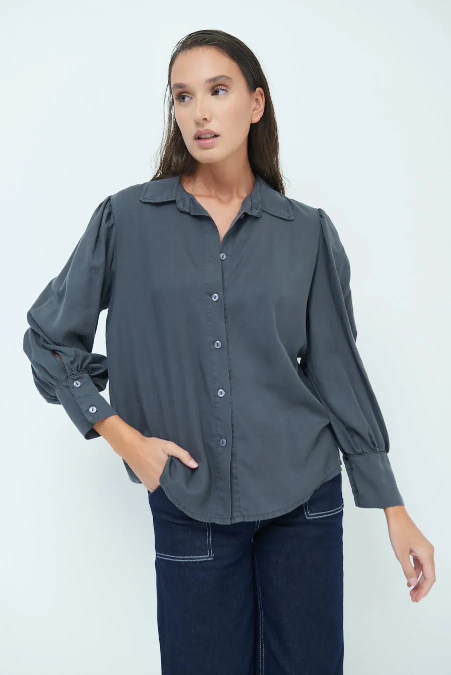 Classic button-up blouse with puff sleeves wholesale