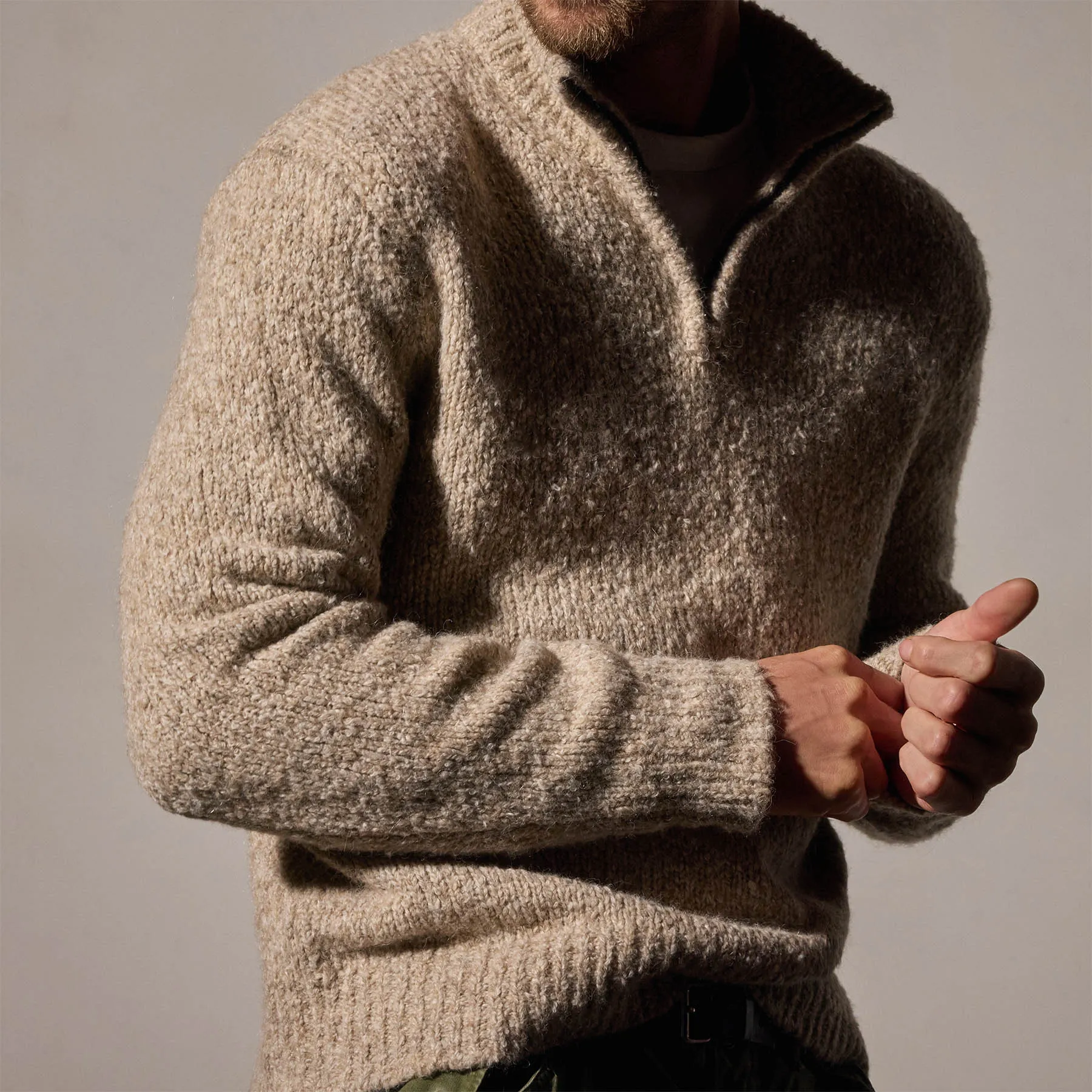 Cotton Wool Blend Chunky Half Zip - Stone