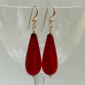 Earrings with red Murano glass long pear drops on silver or gold hooks