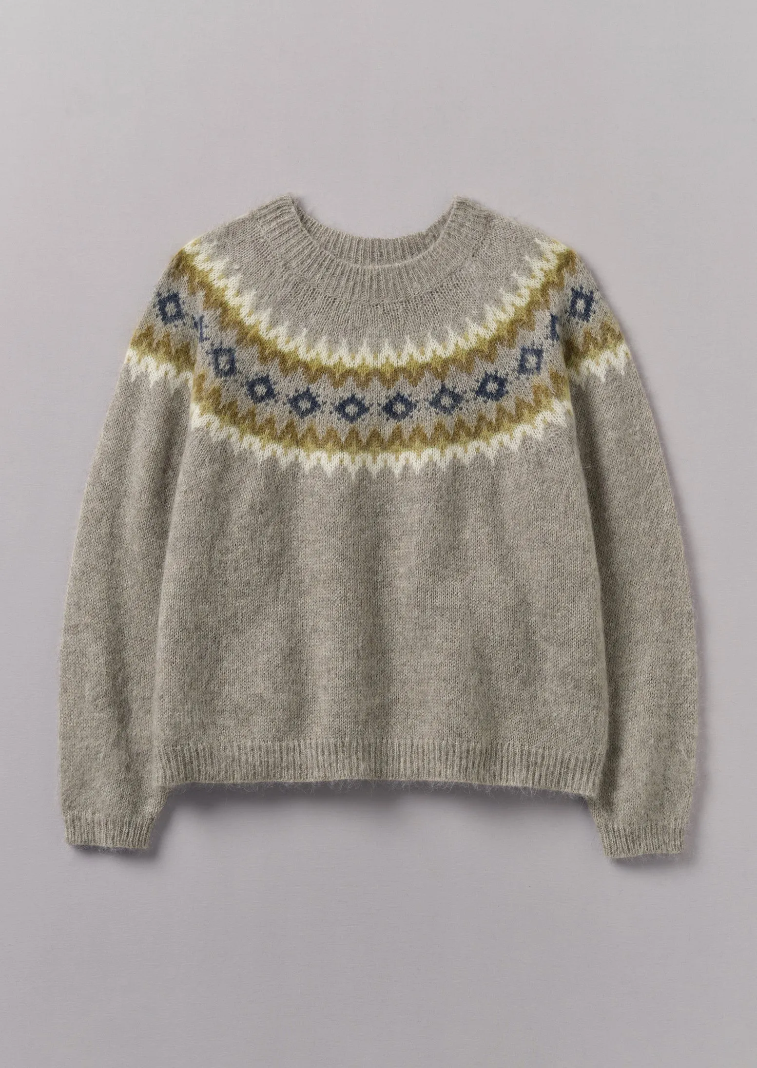 Fair Isle Yoke Mohair Blend Easy Sweater | Green Multi