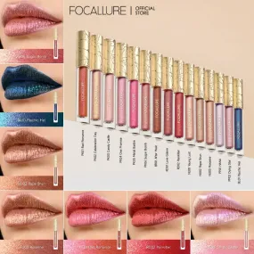 FOCALLURE 15 Colors Metallic Lip Gloss Glitter Liquid Lipstick Diamond Lip Tint Moisturizing Shiny Lip Glaze Makeup Cosmetics