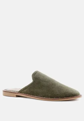 LIA Khaki Green Handcrafted Suede Mules