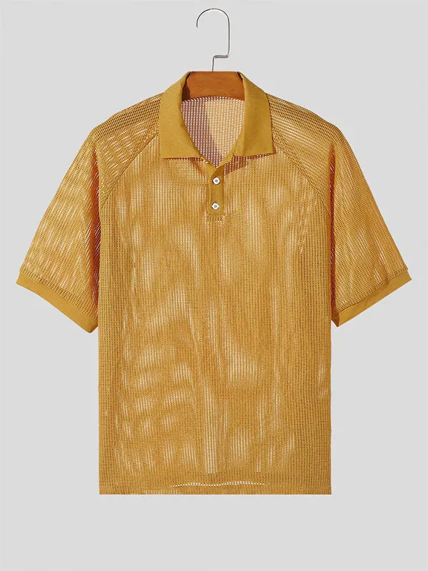 Mens Honeycomb Textured Collared Short Sleeve Shirt SKUK64754