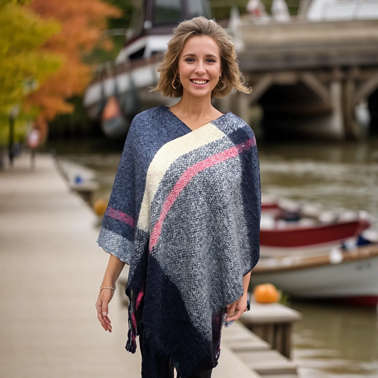 Navy & Pink Check Poncho - Thick Cosy Feel