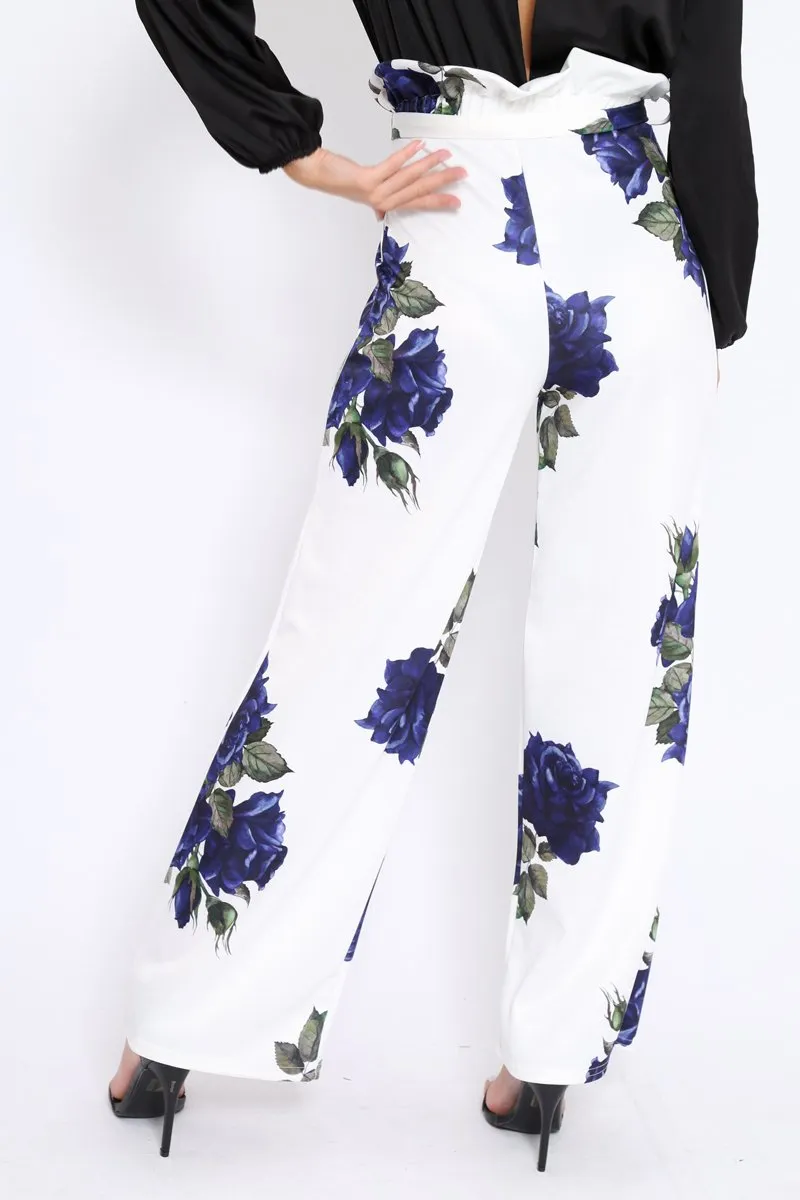 White and Blue Floral Paper Bag Tie Waist Wide Leg Trousers - Kennedy