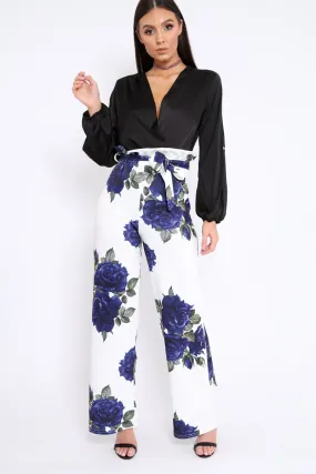 White and Blue Floral Paper Bag Tie Waist Wide Leg Trousers - Kennedy