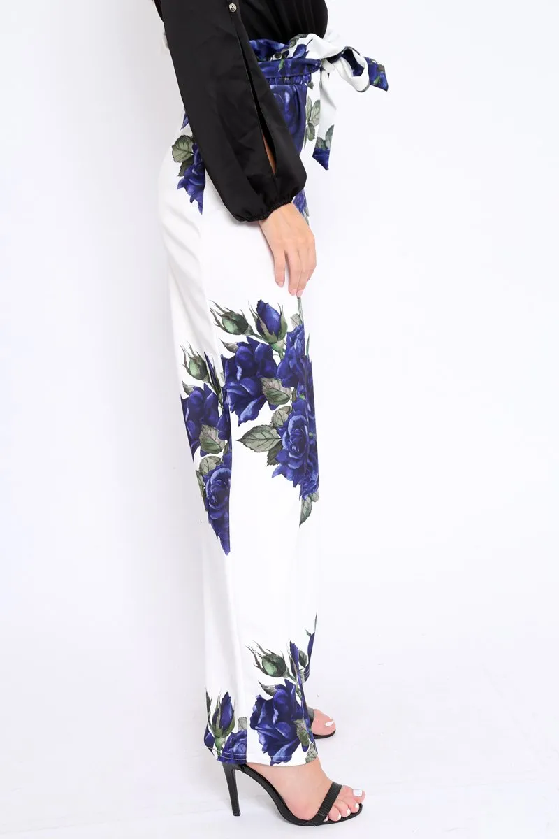 White and Blue Floral Paper Bag Tie Waist Wide Leg Trousers - Kennedy