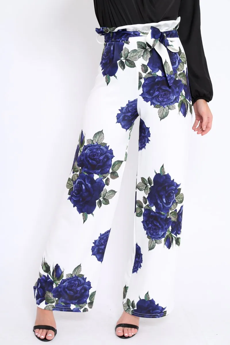 White and Blue Floral Paper Bag Tie Waist Wide Leg Trousers - Kennedy