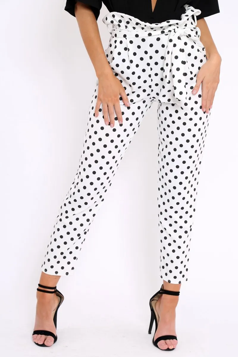 White Polka Dot Paper Bag Tie Waist Cigarette Trousers - Karmen