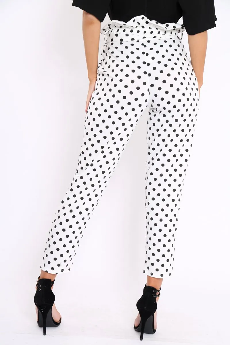 White Polka Dot Paper Bag Tie Waist Cigarette Trousers - Karmen