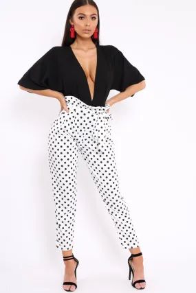 White Polka Dot Paper Bag Tie Waist Cigarette Trousers - Karmen