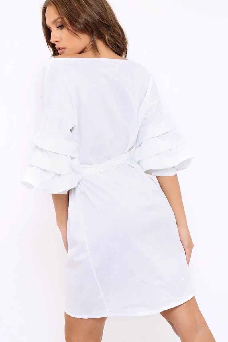 White Ruched Sleeve Wrap Around Dress - Marly