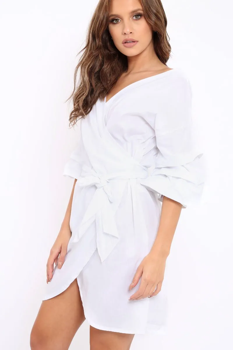 White Ruched Sleeve Wrap Around Dress - Marly