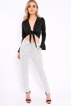 White Striped Tie Waist Cigarette Trousers - Candice