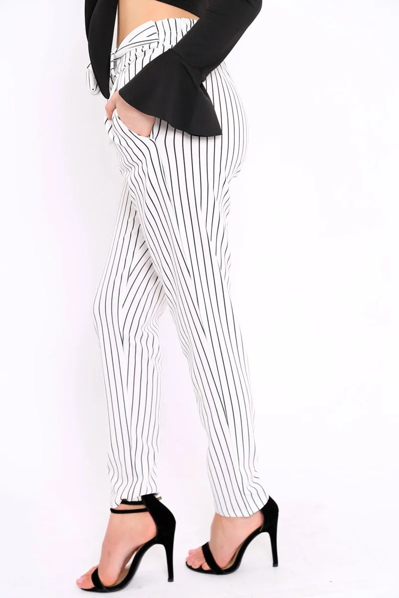 White Striped Tie Waist Cigarette Trousers - Candice