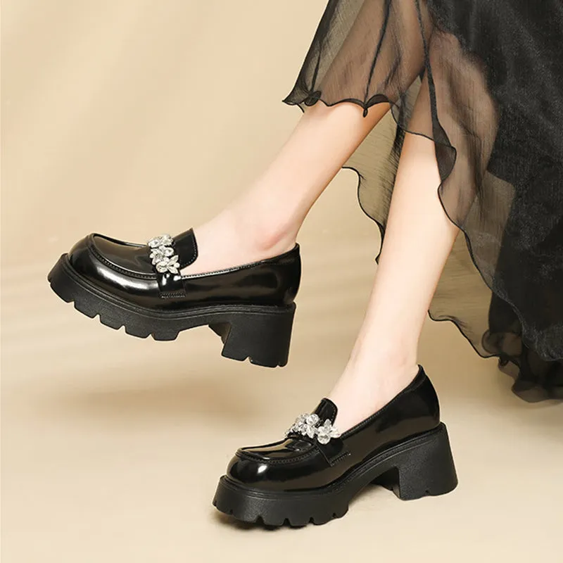 Women Casual Leather Crystal Chunky Heel Loafers