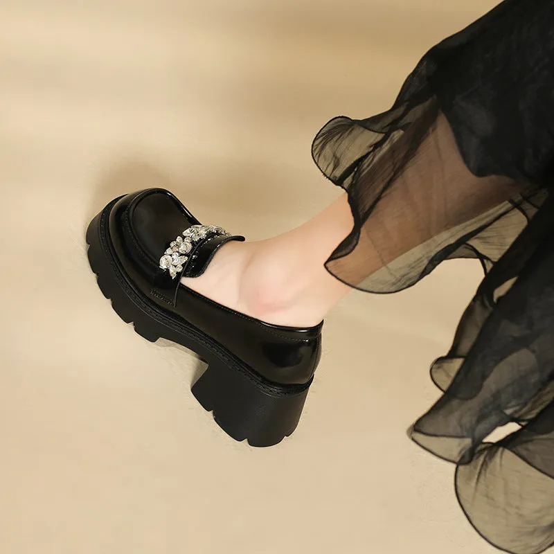 Women Casual Leather Crystal Chunky Heel Loafers