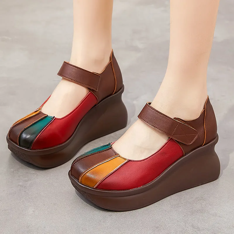 Women Color Matching Leather Casual Wedge Loafers