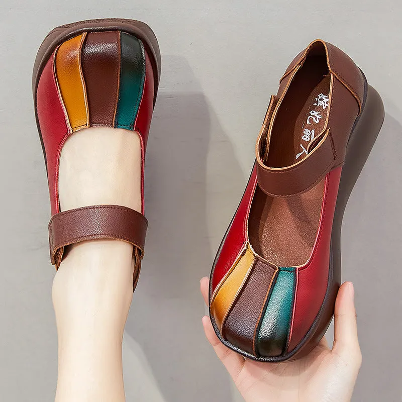 Women Color Matching Leather Casual Wedge Loafers