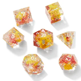 Yellow and Red Timeless Flower Sharp Edge Resin 7pc Dice Set