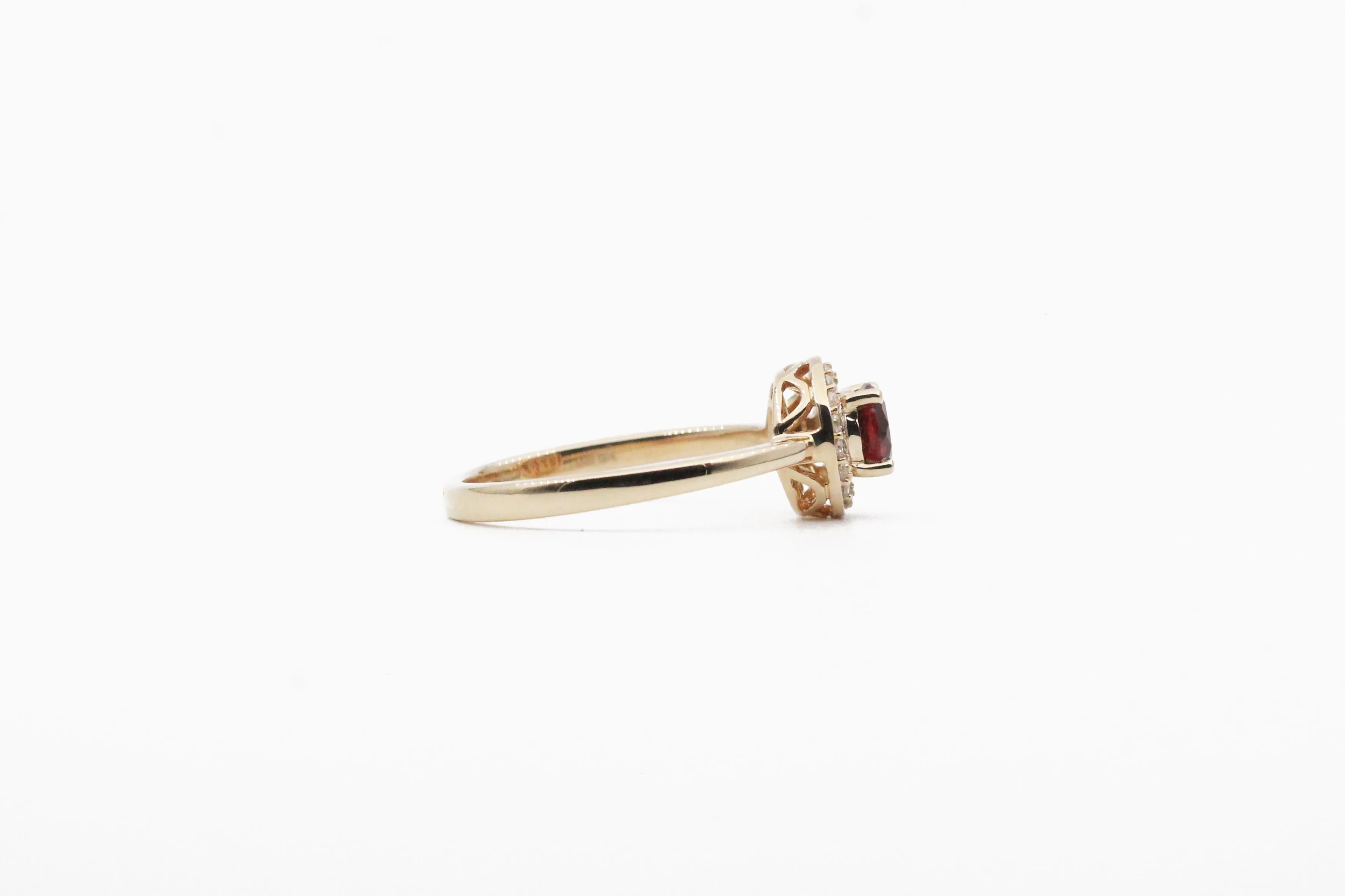 Yellow Gold Garnet with Diamond Halo Ring